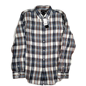 The Mens Store Grey Blue Plaid Woven Linen Shirt Mens Medium‎